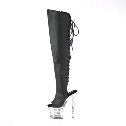Image of Pleaser SPECTATOR-3019 Blk Faxur Leather/Clr-Slv Chrome 7 Inch Heel 3 Inch Textured PF Over-The-Knee Boot Side Zip