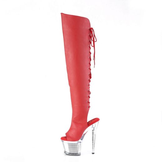 Image of Pleaser SPECTATOR-3019 Red Faux Leather/Clr-Slv Chrome 7 Inch Heel 3 Inch Textured PF Over-The-Knee Boot Side Zip