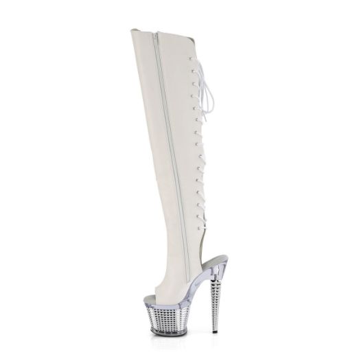 Image of Pleaser SPECTATOR-3019 Wht Faux Leather/Clr-Slv Chrome 7 Inch Heel 3 Inch Textured PF Over-The-Knee Boot Side Zip