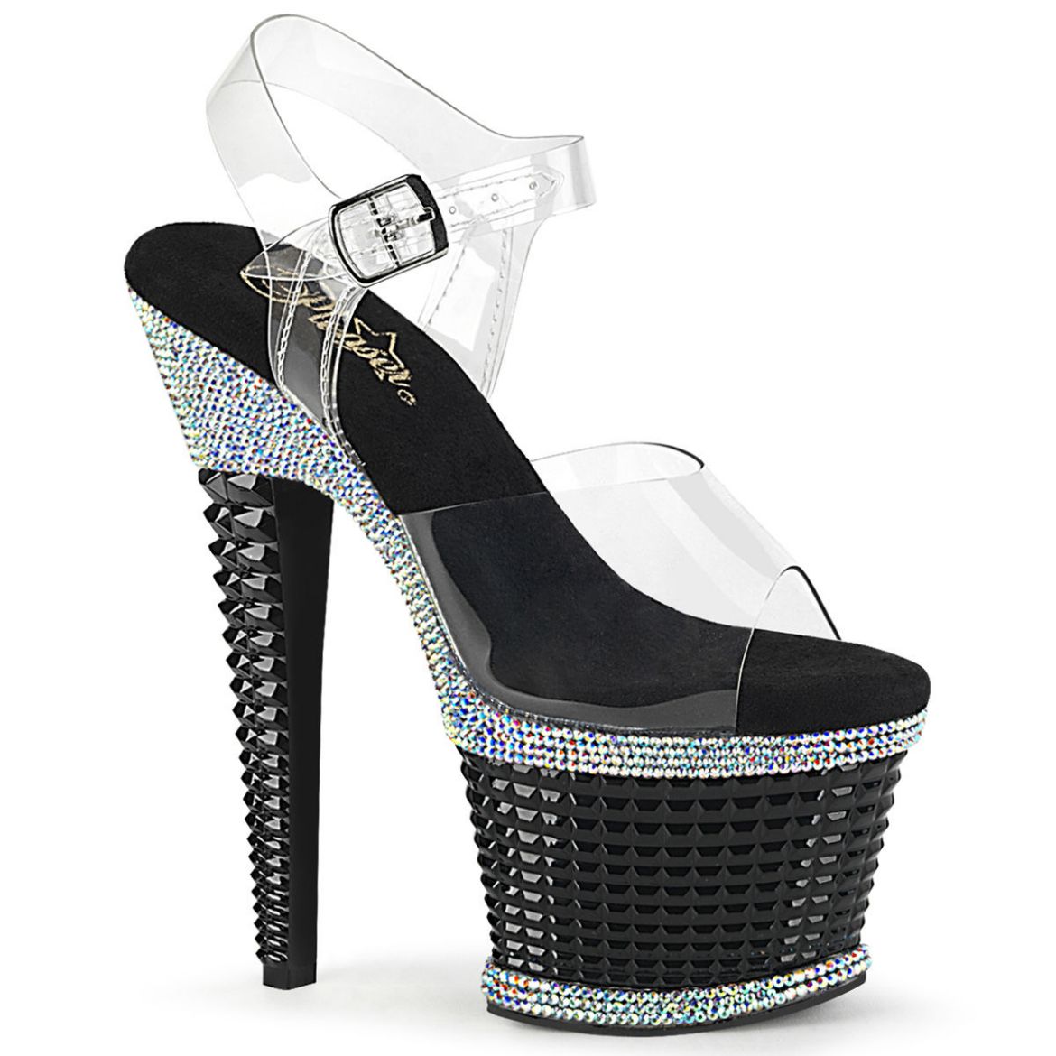 Image of Pleaser SPECTATOR-708RS Clr/Blk-RS 7 Inch Heel 3 Inch Textured PF Ankle Strap Sandal w/RS