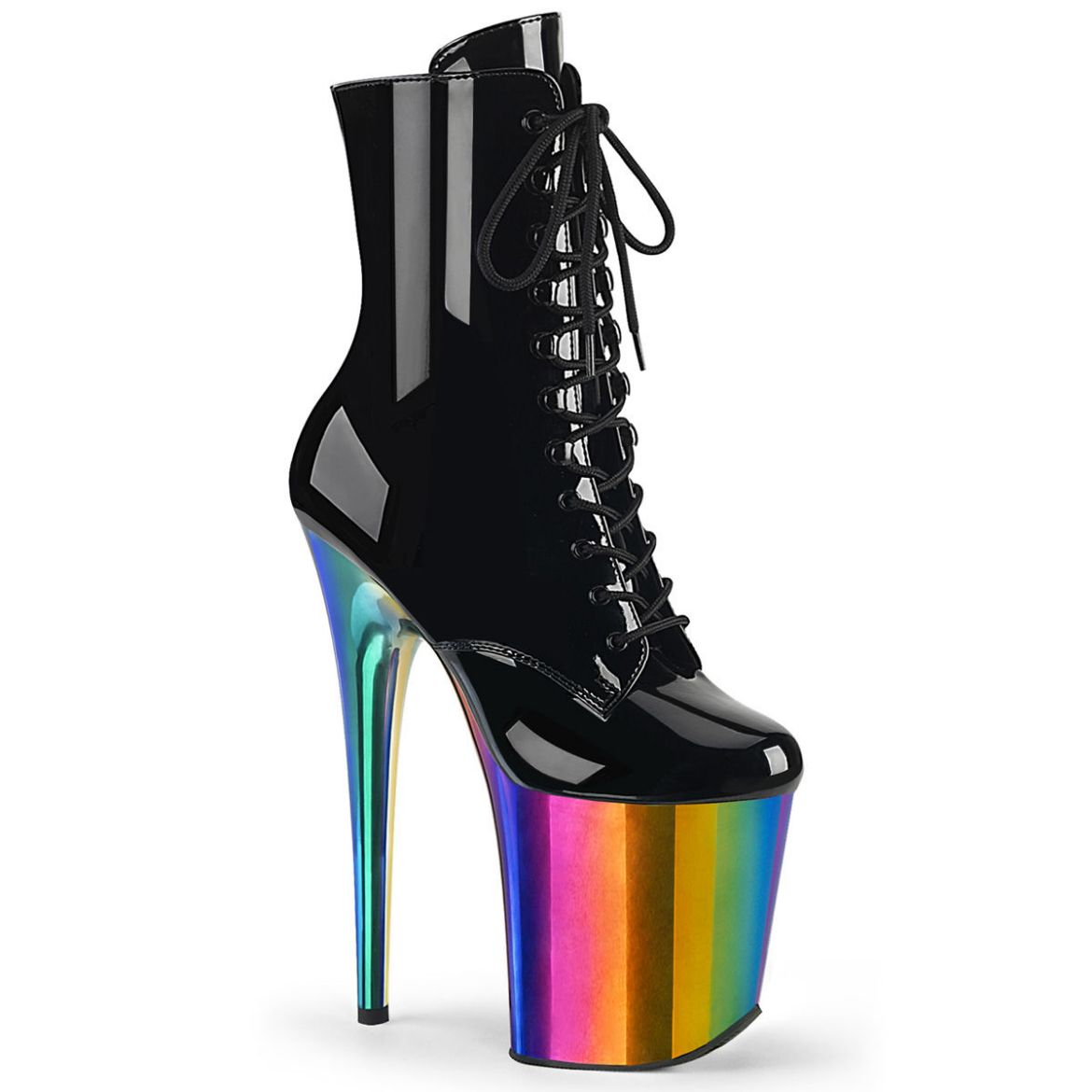 Image of Pleaser FLAMINGO-1020RC Blk Pat/Rainbow Chrome 8 Inch Heel 4 Inch Chromed PF Lace-Up Ankle Boot Side Zip