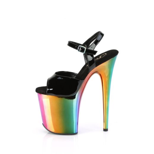 Image of Pleaser FLAMINGO-809RC Blk Pat/Rainbow Chrome 8 Inch Heel 4 Inch Chrome Plated PF Ankle Strap Sandal