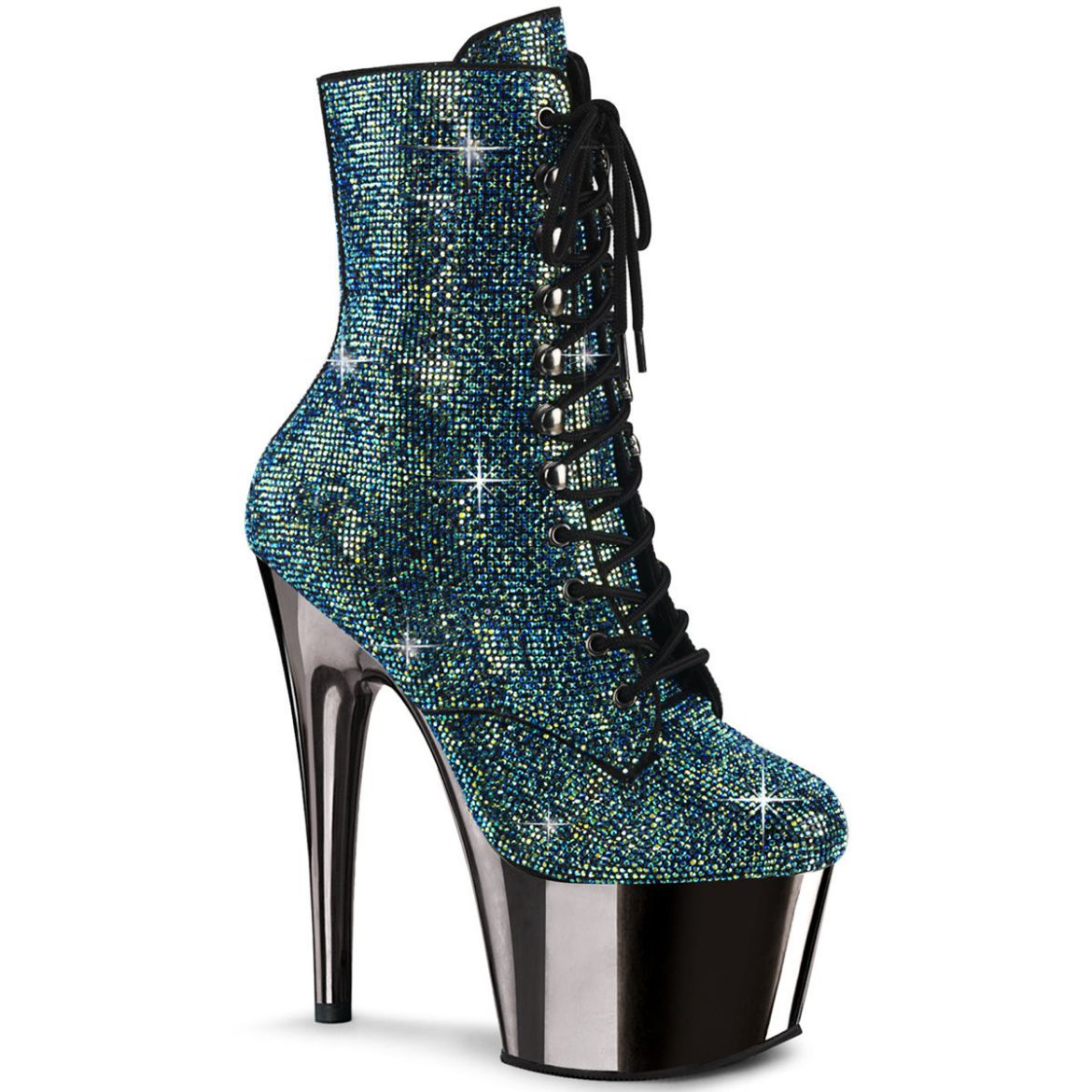 Image of Pleaser ADORE-1020CHRS Turquoise Multi RS/Pewter Chrome 7 Inch Heel  2 3/4 Inch PF RS Embellished Ankle Boot Side Zip
