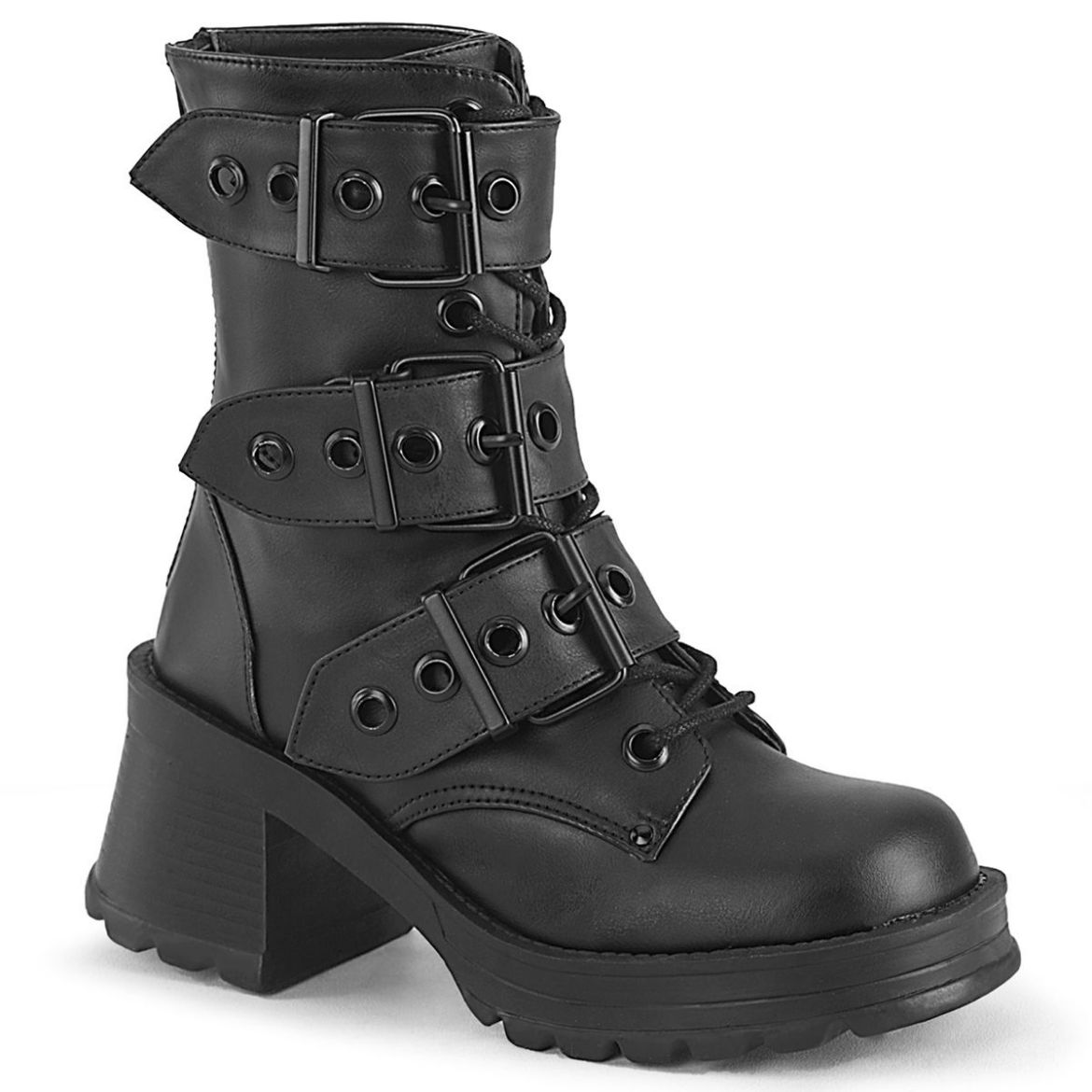 Image of Demonia BRATTY-118 Blk Vegan Leather 2 3/4 Inch Heel 1 Inch Platform Lace-Up Ankle Boot Inside Zip