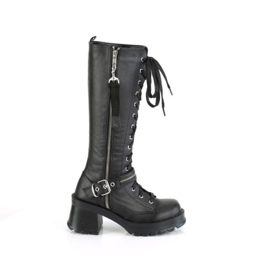 Image of Demonia BRATTY-206 Blk Vegan Leather 2 3/4 Inch Heel 1 Inch Platform Lace-Up Knee High Boot Outer Zip
