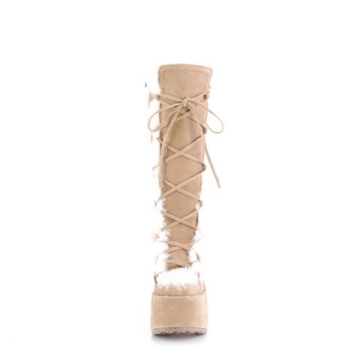 Image of Demonia CAMEL-311 Camel Vegan Suede 5 Inch Chunky Heel 3 Inch P/F Lace-Up Knee High Boot Side Zip