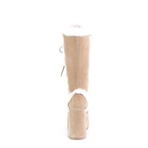 Image of Demonia CAMEL-311 Camel Vegan Suede 5 Inch Chunky Heel 3 Inch P/F Lace-Up Knee High Boot Side Zip