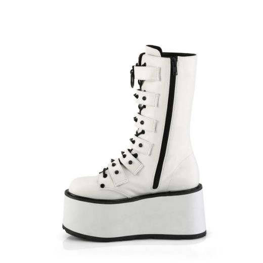 Image of Demonia DAMNED-225 Wht Vegan Leather 3 1/2 Inch PF Mid-Calf Boot w/6 BuckleStraps Metal Side Zip