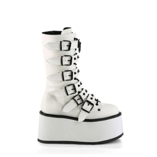 Image of Demonia DAMNED-225 Wht Vegan Leather 3 1/2 Inch PF Mid-Calf Boot w/6 BuckleStraps Metal Side Zip