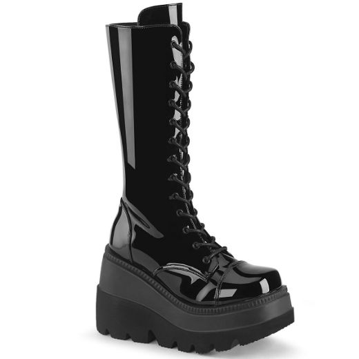 Image of Demonia SHAKER-72 Blk Patent 4 1/2 Inch Wedge PF Lace-Up Mid-Calf Boot Side Zip