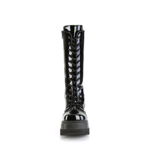 Image of Demonia SHAKER-72 Blk Patent 4 1/2 Inch Wedge PF Lace-Up Mid-Calf Boot Side Zip