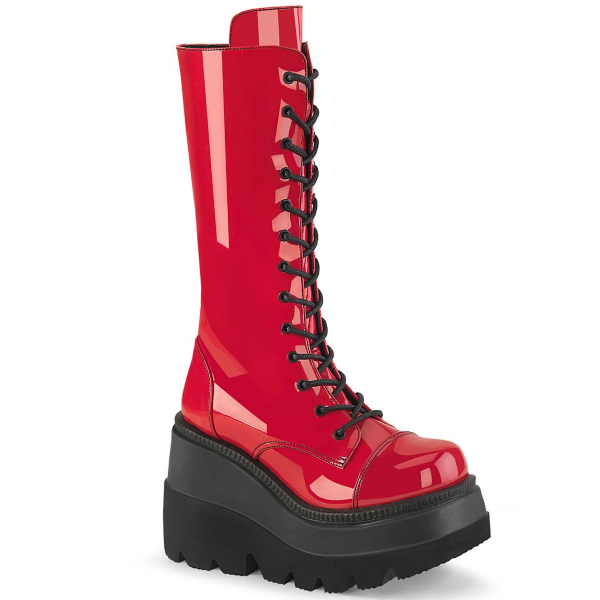 Image of Demonia SHAKER-72 Red Patent 4 1/2 Inch Wedge PF Lace-Up Mid-Calf Boot Side Zip