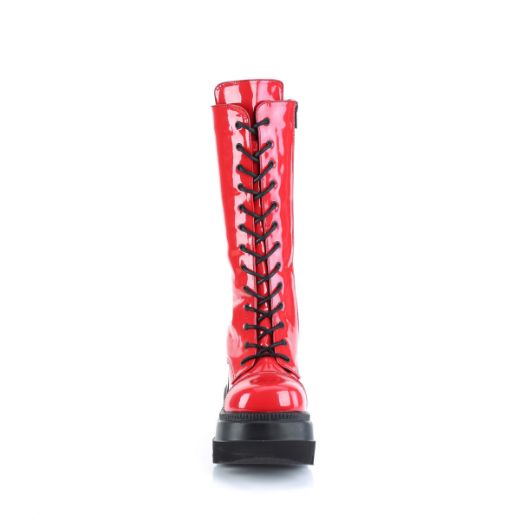 Image of Demonia SHAKER-72 Red Patent 4 1/2 Inch Wedge PF Lace-Up Mid-Calf Boot Side Zip