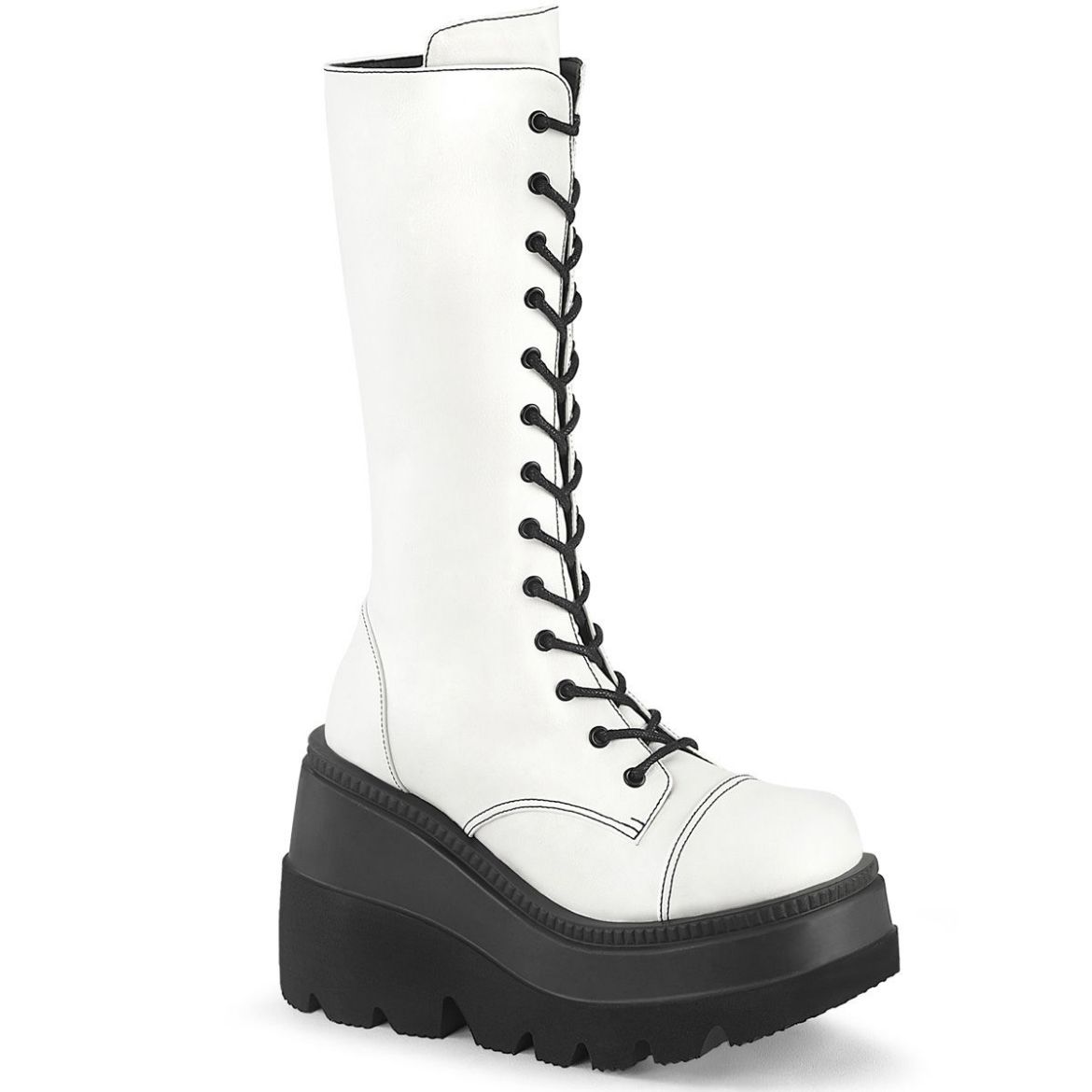 Image of Demonia SHAKER-72 Wht Vegan Leather 4 1/2 Inch Wedge PF Lace-Up Mid-Calf Boot Side Zip