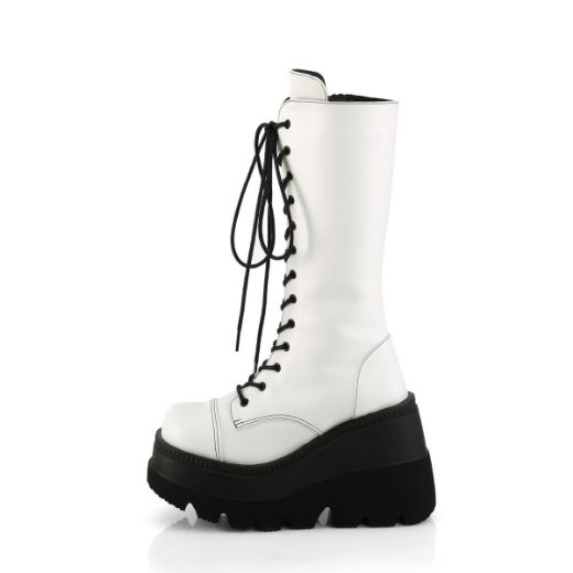 Image of Demonia SHAKER-72 Wht Vegan Leather 4 1/2 Inch Wedge PF Lace-Up Mid-Calf Boot Side Zip