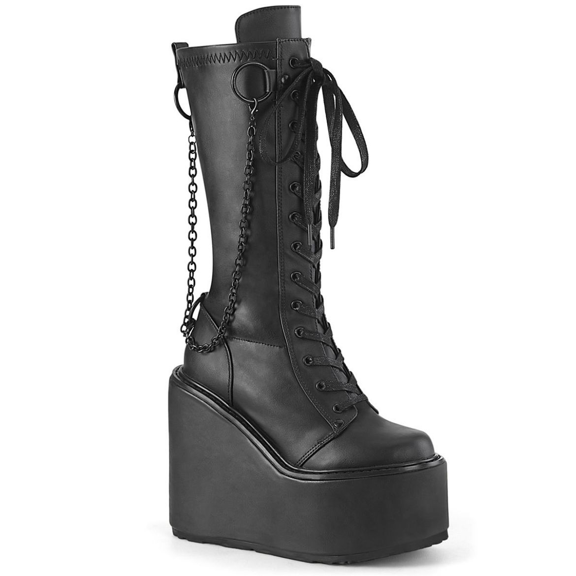 Image of Demonia SWING-150 Blk Stretch Vegan Leather 5 1/2 Inch PF Lace-Up Knee High Boot Side Zip