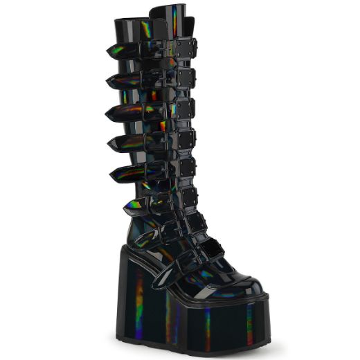 Image of Demonia SWING-815 Blk Holographic Pat 5 1/2 Inch PF Knee High Boot w/ 8 Buckle Straps Back Metal Zip