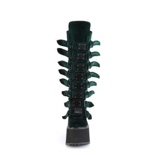 Image of Demonia SWING-815 Emerald Velvet 5 1/2 Inch PF Knee High Boot w/ 8 Buckle Straps Back Metal Zip