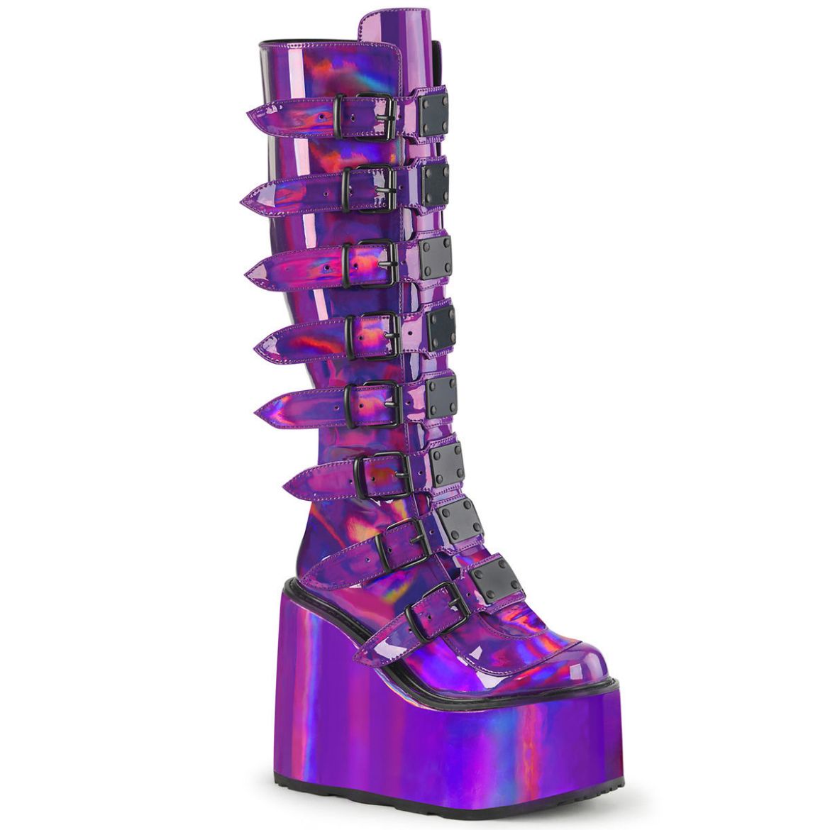 Image of Demonia SWING-815 Purple Holographic Pat 5 1/2 Inch PF Knee High Boot w/ 8 Buckle Straps Back Metal Zip