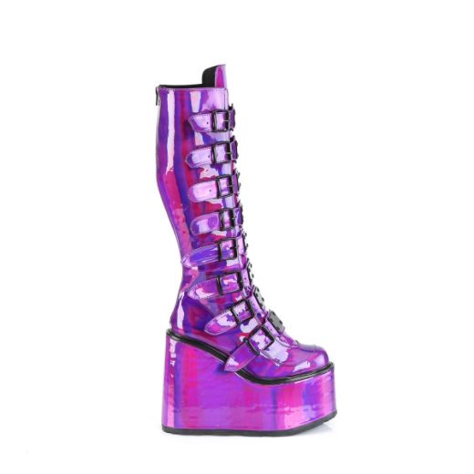 Image of Demonia SWING-815 Purple Holographic Pat 5 1/2 Inch PF Knee High Boot w/ 8 Buckle Straps Back Metal Zip