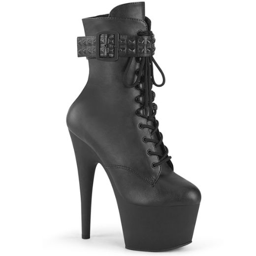 Image of Pleaser ADORE-1020STR Blk Faux Leather/Blk Matte 7 Inch Heel 2 3/4 Inch PF Lace-Up Front Ankle Boot Side Zip