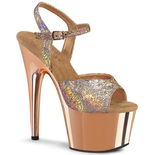 Image of Pleaser ADORE-709HM Rose Gold Holo Metallic Pu/Rose Gold Chrome 7 Inch Heel 2 3/4 Inch PF Ankle Strap Sandal