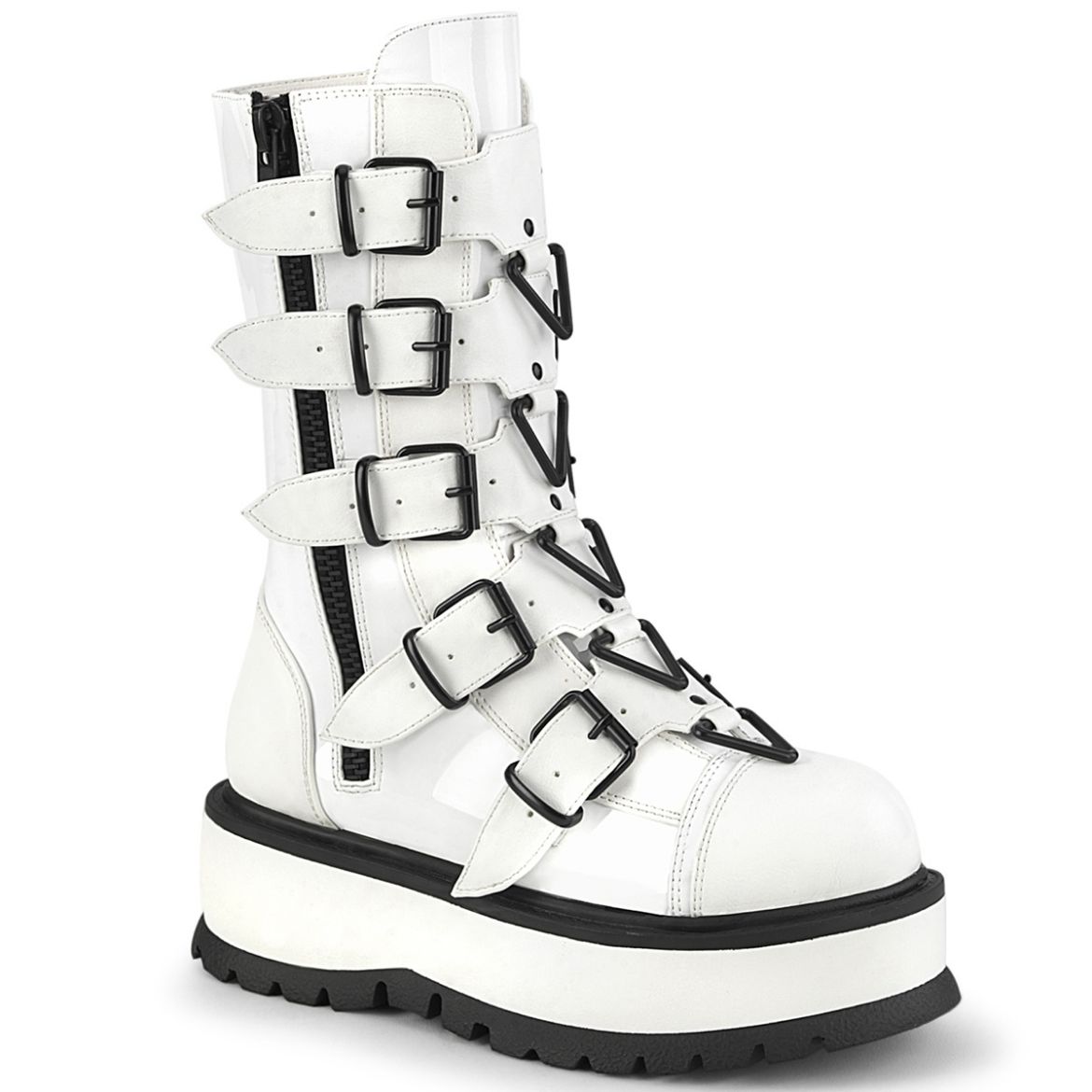 Product image of Demonia SLACKER-160 Wht Pat 2 Inch PF Mid-Calf Boot w/ 5 Buckle Straps Outside Zip