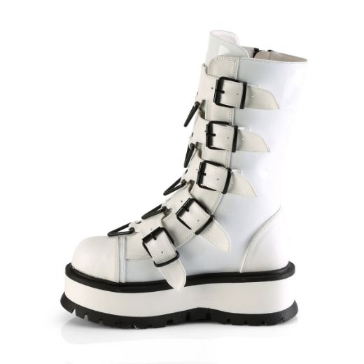 Product image of Demonia SLACKER-160 Wht Pat 2 Inch PF Mid-Calf Boot w/ 5 Buckle Straps Outside Zip