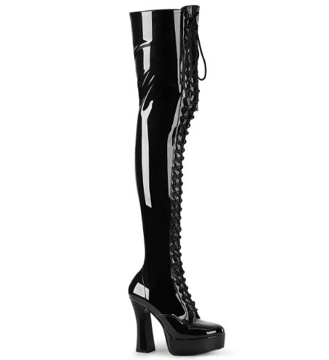 Product image of Pleaser ELECTRA-3023 Blk Str. Pat/Blk 5 Inch Heel 1 1/2 Inch PF Lace-Up Stretch Thigh Boot Side Zip