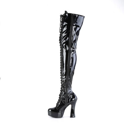 Product image of Pleaser ELECTRA-3023 Blk Str. Pat/Blk 5 Inch Heel 1 1/2 Inch PF Lace-Up Stretch Thigh Boot Side Zip