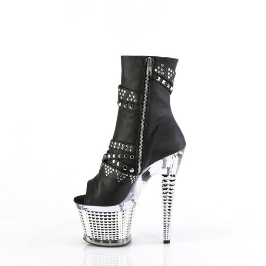 Product image of Pleaser SPECTATOR-1015 Blk faux Leather/Clr-Slv Chrome 7 Inch Heel 3 Inch Textured PF Peep Toe Ankle Boot Side Zip