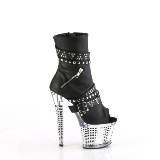 Product image of Pleaser SPECTATOR-1015 Blk faux Leather/Clr-Slv Chrome 7 Inch Heel 3 Inch Textured PF Peep Toe Ankle Boot Side Zip