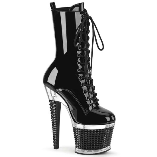 Product image of Pleaser SPECTATOR-1040 Blk Pat/Clr-Blk 7 Inch Heel 3 Inch Textured PF Lace-Up Front Ankle Boot Side Zip