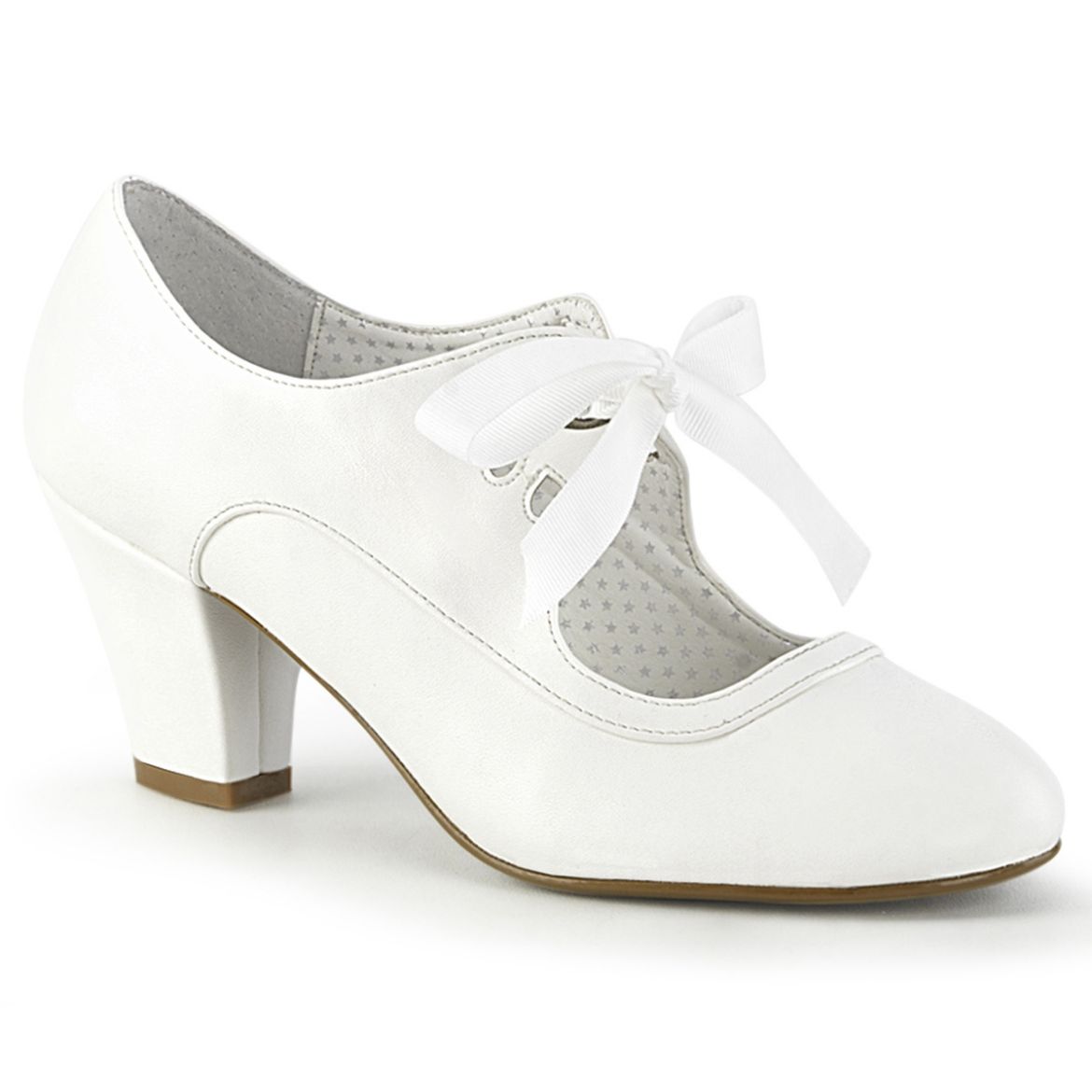 Product image of Pin Up Couture WIGGLE-32 White Faux Leather 2 1/2 Inch Cuben Heel Mary Jane Pump w/Ribbon Tie