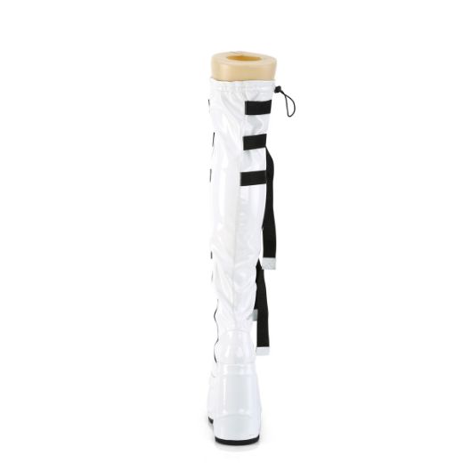 Product image of Demonia WAVE-315 Wht Stretch Patent 6 Inch Wedge PF Lace-Up Stretch Thigh Boot Side Zip