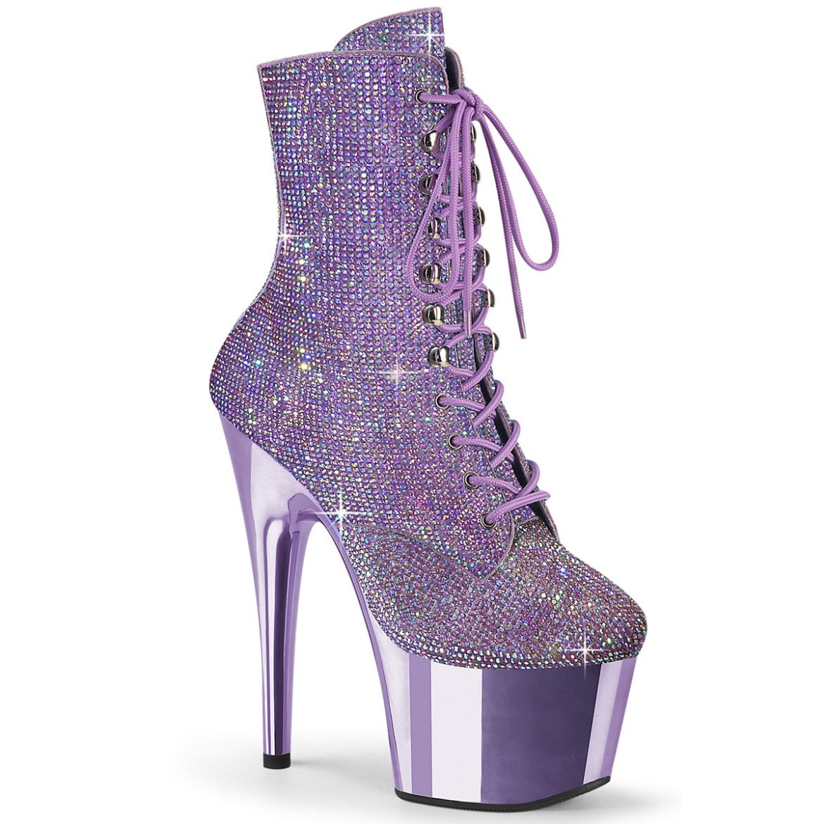 Product image of Pleaser ADORE-1020CHRS Lavender Multi RS/Lavender Chrome 7 Inch Heel  2 3/4 Inch PF RS Embellished Ankle Boot Side Zip