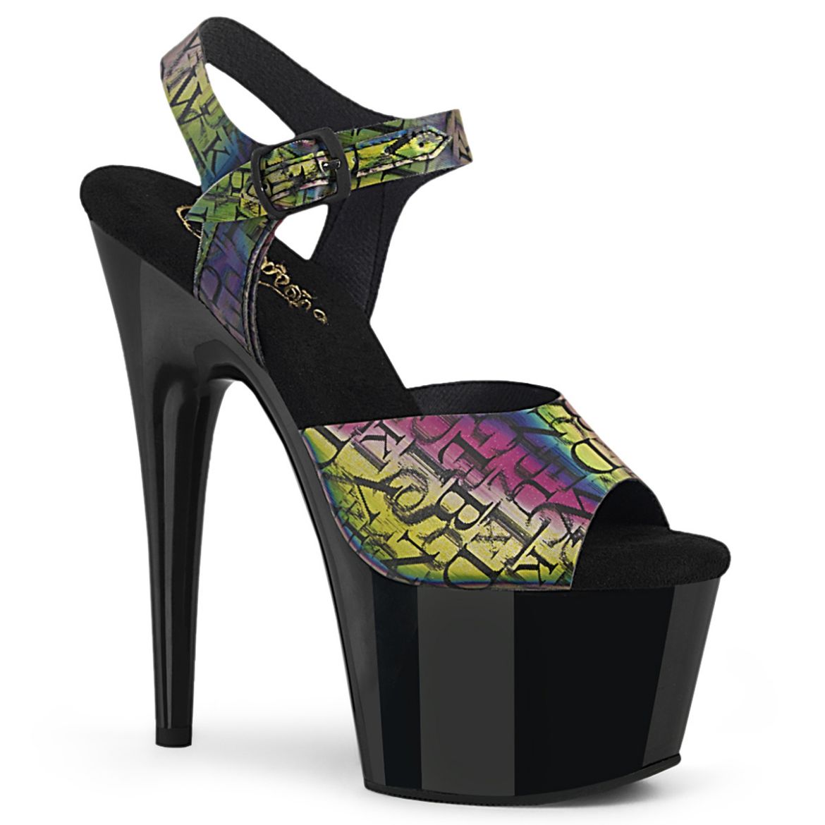 Product image of Pleaser ADORE-708N-LTP Green-Purple TPU/Blk 7 Inch Heel 2 3/4 Inch PF Ankle Strap Sandal