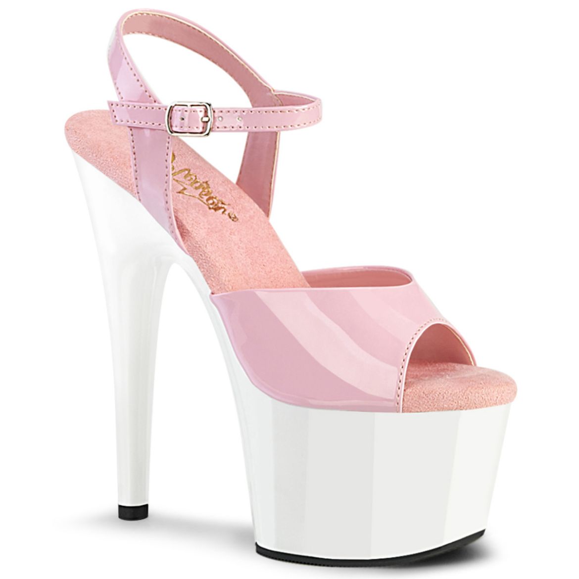 Product image of Pleaser ADORE-709 B. Pink Pat/Wht 7 Inch Heel 2 3/4 Inch PF Ankle Strap Sandal
