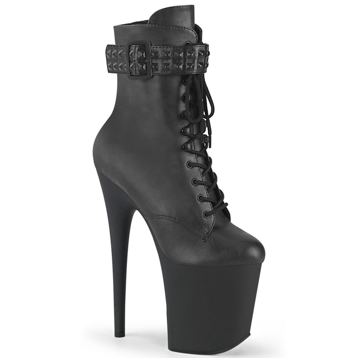 Product image of Pleaser FLAMINGO-1020STR Blk Faux Leather/Blk Matte 8 Inch Heel 4 Inch PF Lace-Up Front Ankle Boot Side Zip