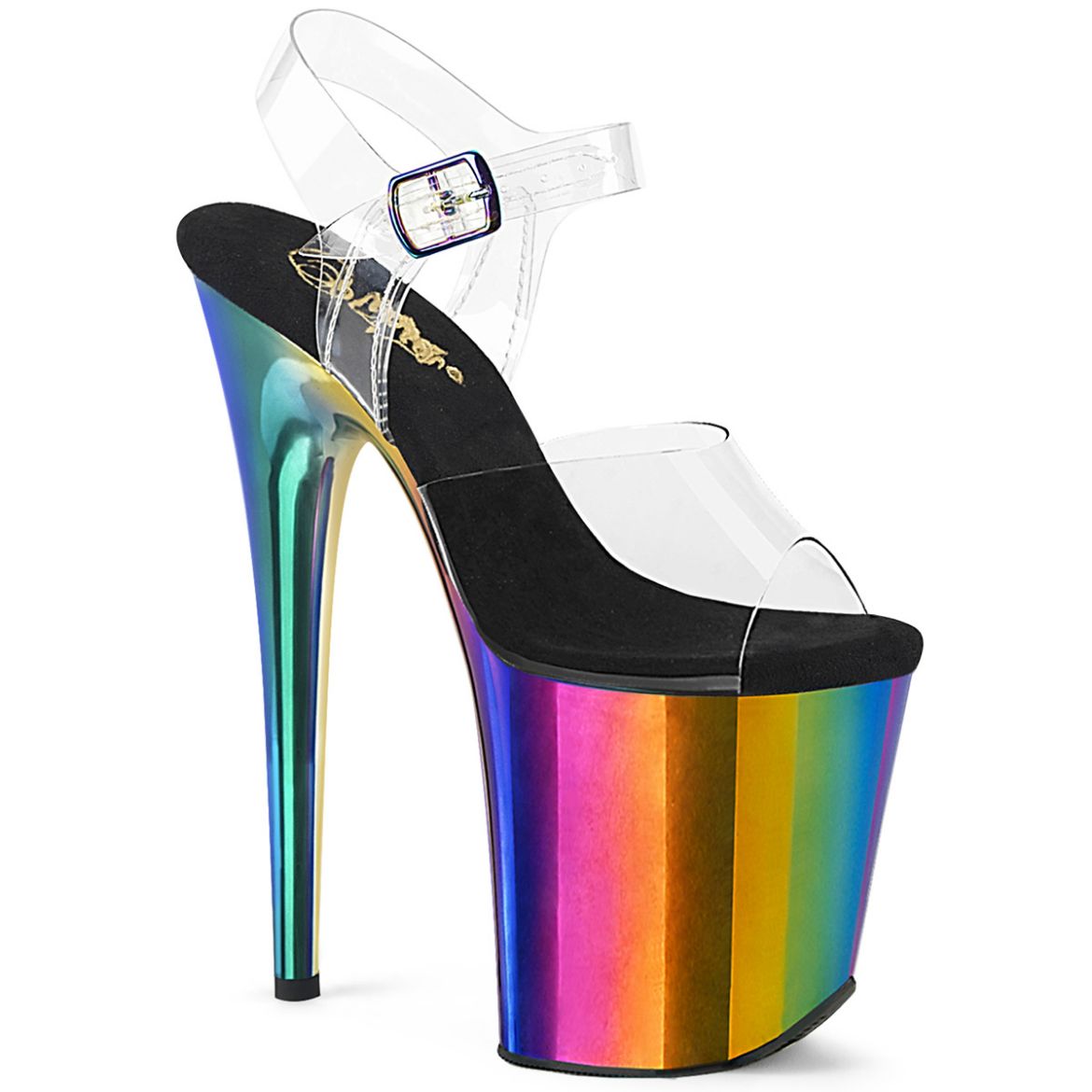 Product image of Pleaser FLAMINGO-808RC Clr/Rainbow Chrome 8 Inch Heel 4 Inch Chrome Plated PF Ankle Strap Sandal