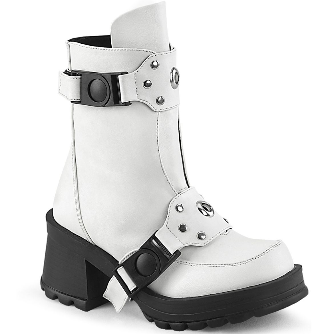 Product image of Demonia BRATTY-56 Wht Vegan Leather 2 3/4 Inch Heel 1 Inch Platform Ankle Boot Inside Zip