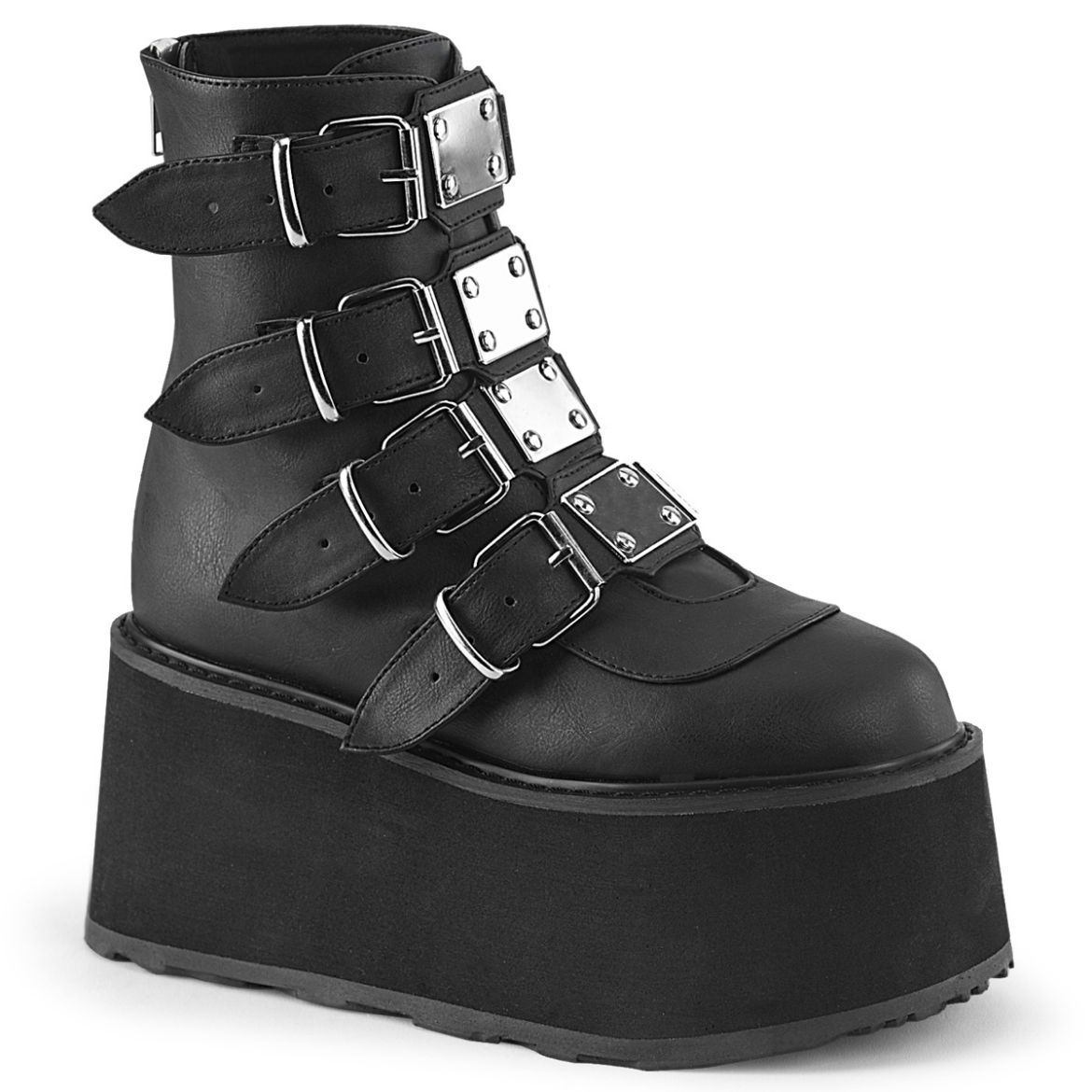 Product image of Demonia DAMNED-105 Blk Vegan Leather 3 1/2 Inch PF Ankle Bootw/ 4 Buckle Straps Back MetalZip