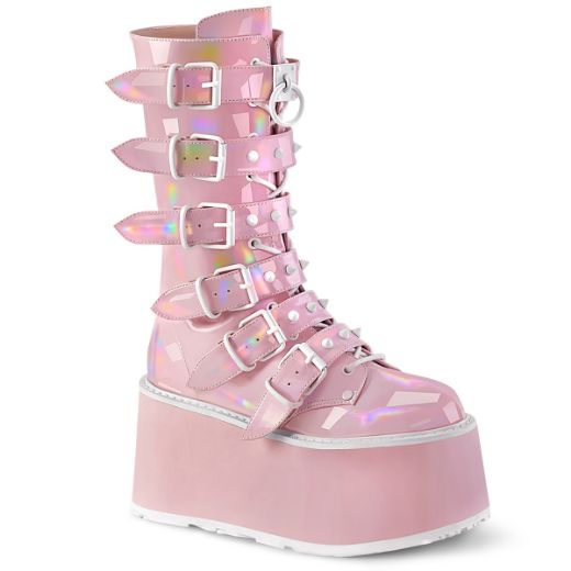 Product image of Demonia DAMNED-225 B. Pink Holo Pat 3 1/2 Inch PF Mid-Calf Boot w/6 BuckleStraps Metal Side Zip