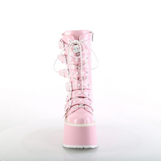 Product image of Demonia DAMNED-225 B. Pink Holo Pat 3 1/2 Inch PF Mid-Calf Boot w/6 BuckleStraps Metal Side Zip