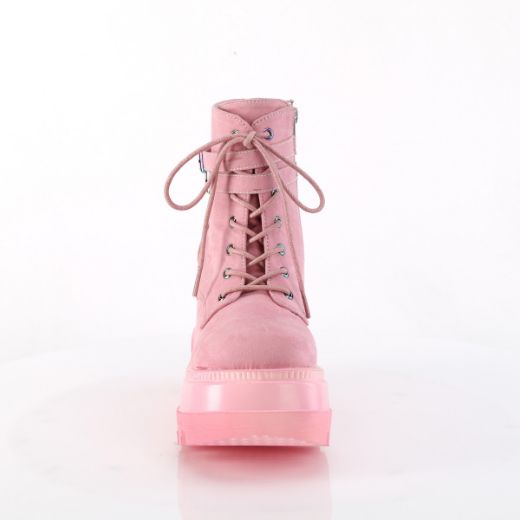 Product image of Demonia SHAKER-52 B. Pink Vegan Suede 4 1/2 Inch Wedge PF Ankle Boot Side Zip