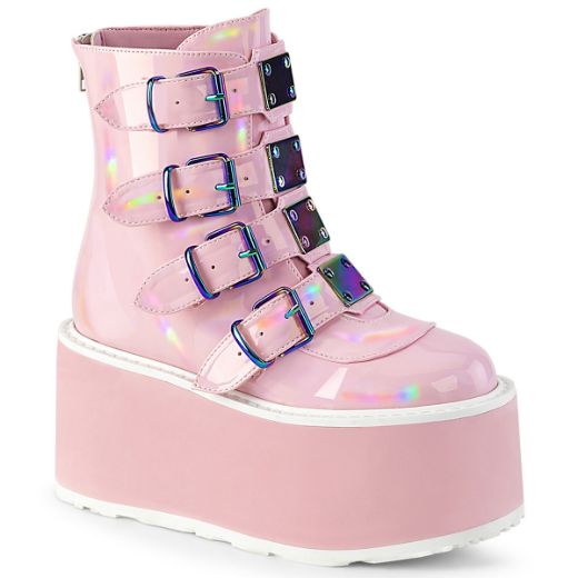 Product image of Demonia DAMNED-105 B. Pink Holo Pat 3 1/2 Inch PF Ankle Bootw/ 4 Buckle Straps Back MetalZip