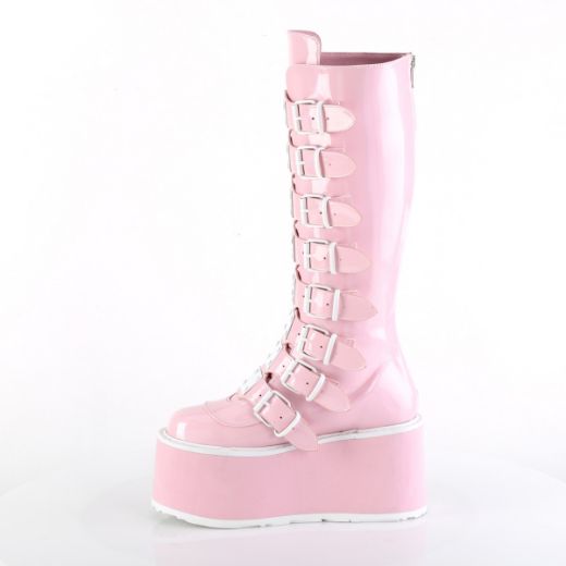 Product image of Demonia DAMNED-318 B. Pink Holo Pat 3 1/2 Inch PF KneeHigh Bootw/8 BuckleStraps Back Metal Zip