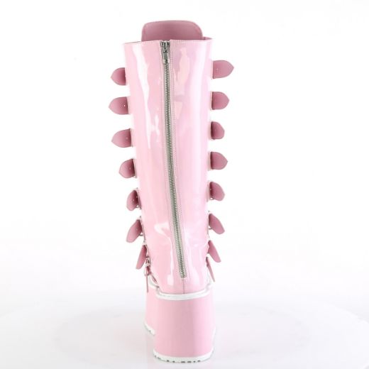 Product image of Demonia DAMNED-318 B. Pink Holo Pat 3 1/2 Inch PF KneeHigh Bootw/8 BuckleStraps Back Metal Zip
