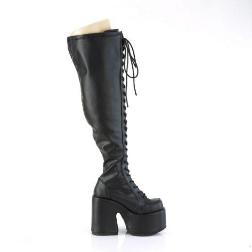 Product image of Demonia CAMEL-300WC Blk Str Vegan Leather 5 Inch Chunky Heel 3 Inch PF Wide Calf Thigh-High BootOutside Zip