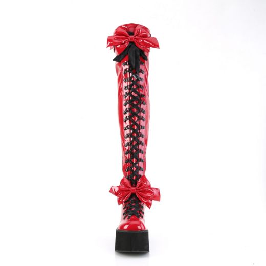 Product image of Demonia KERA-303 Red Pat 4 1/2 Inch Wedge PF Lace-Up Stretch Thigh Boot Side Zip